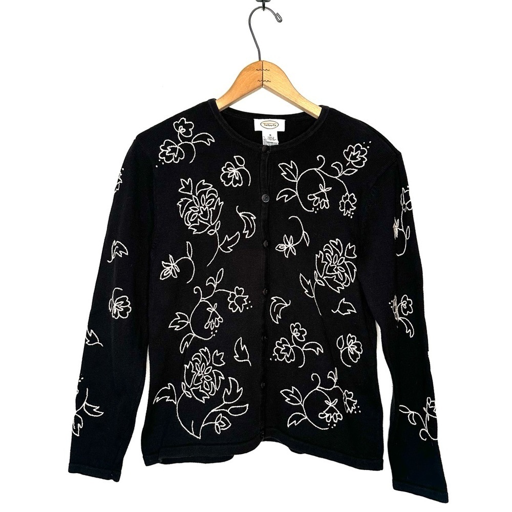 Talbots | Black Floral Embroidered Button Down Cardigan Sweater Size Small